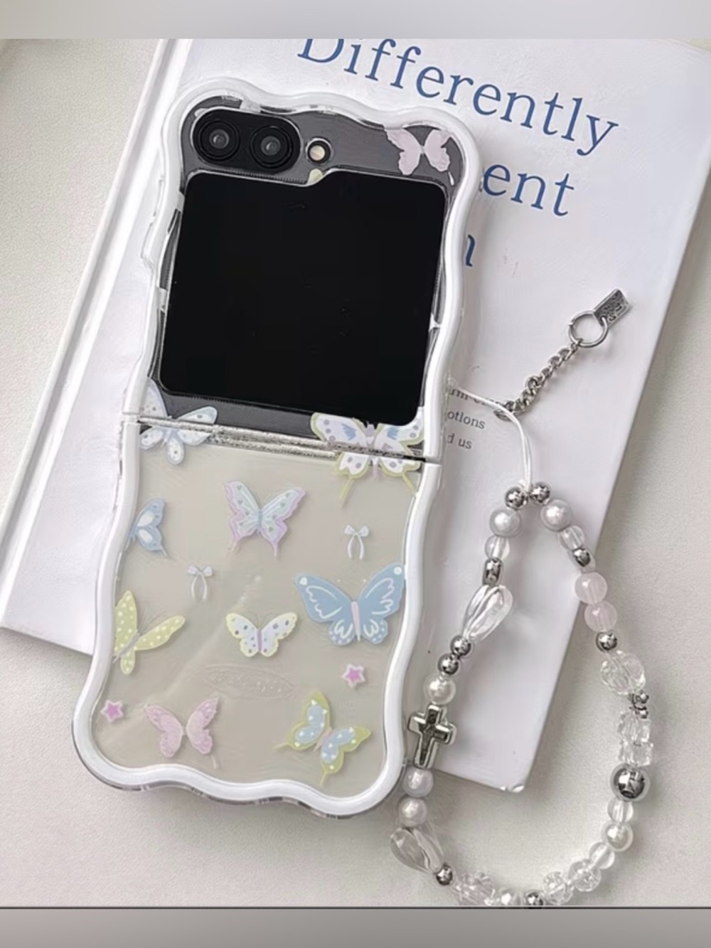 Clear Pastel Butterfly Phone Case with Beaded Wrist Strap - White Trim